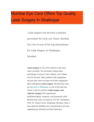 Mumbai Eye Care Offers Top Quality Lasik Surgery in Ghatkopar
