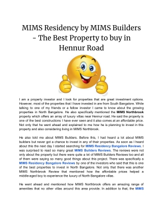 MIMS Residency by MIMS Builders - The Best Property to buy in Hennur Road