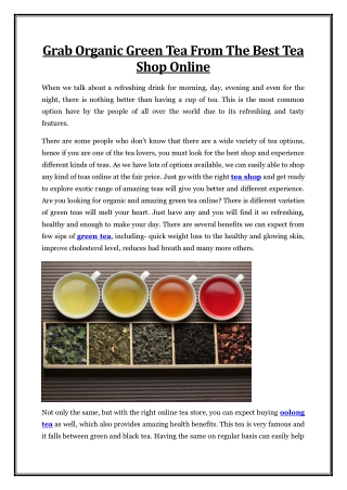 Grab Organic Green Tea From The Best Tea Shop Online
