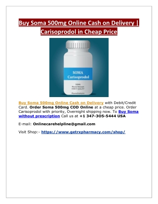 Buy Soma 500mg Online Cash on Delivery | Carisoprodol in Cheap Price