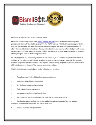 BismilSoft Introduces Best UG NX Training in Noida
