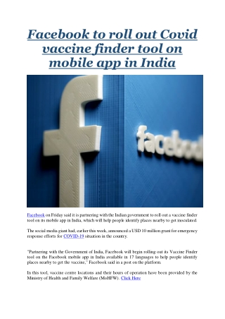 Facebook to roll out Covid vaccine finder tool on mobile app in India