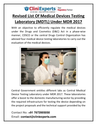 Revised List Of Medical Devices Testing Laboratory (MDTL) Under MDR 2017