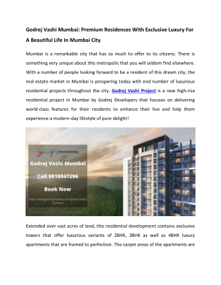 Godrej Vashi Mumbai - Premium Residences With Exclusive Luxury For A Beautiful Life In Mumbai City