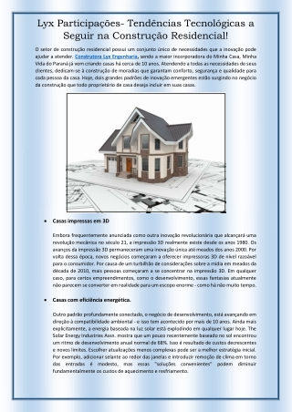Lyx Participações- Tendências Tecnológicas a Seguir na Construção Residencial!