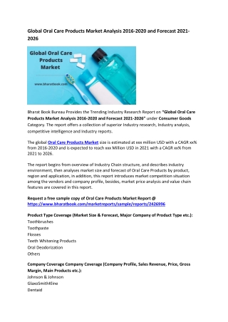 Global Oral Care Products Market Analysis 2016-2020 and Forecast 2021-2026