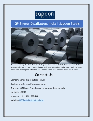 GP Sheets Distributors India | Sapcon Steels