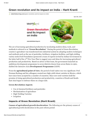 Green revolution and its impact on India Harit Kranti pdf