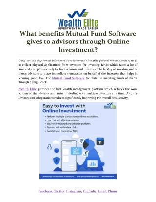 What benefits Mutual Fund Software gives to advisors through Online Investment