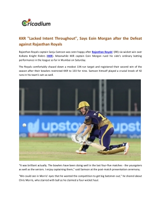 KKR Lacked Intent Throughout, Says Eoin Morgan after the Defeat against Rajasthan Royals
