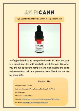 High Quality Thc Oil for Pain Online in SA | Kiricann.com