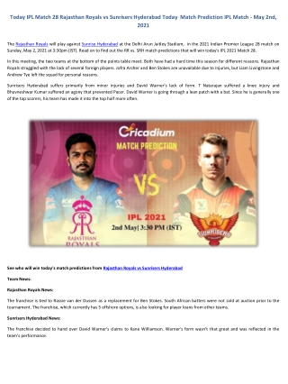 Today IPL Match 28 Rajasthan Royals vs Sunrisers Hyderabad Match Prediction Who Win Today IPL Match 2nd May 2021