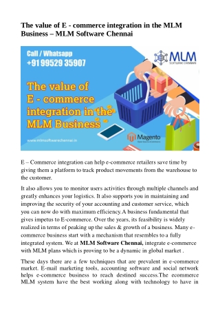 The value of E - commerce integration in the MLM Business - MLM Software Chennai