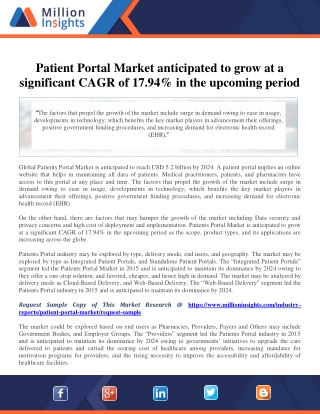 Patient Portal Market anticipated to grow at a significant CAGR of 17.94% in the