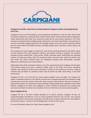 Carpigiani UK Ltd Offer robust Drinks and Shake Machines Designed to Deliver Outstanding Results Every Time