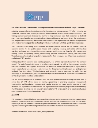 PTP Offers Intensive Customer Care Training Courses to Help Businesses Deal with Tough Customers