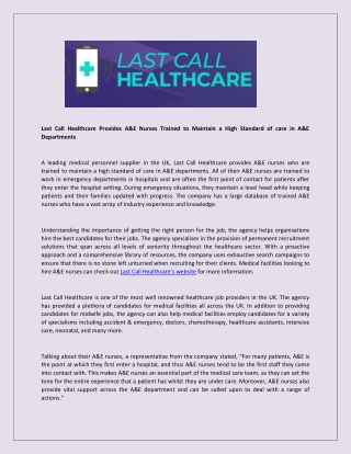 Last Call Healthcare Provides A&E Nurses Trained to Maintain a High Standard of care in A&E Departments