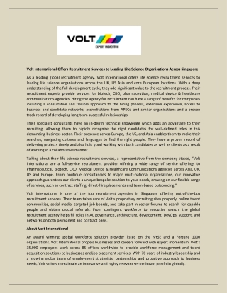 Volt International Offers Recruitment Services to Leading Life Science Organisations Across Singapore