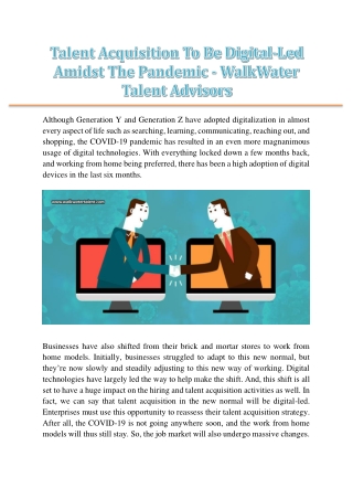 Talent Acquisition To Be Digital-Led Amidst The Pandemic - WalkWater Talent Advisors