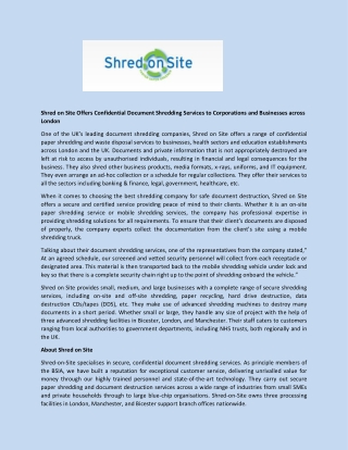 Shred on Site Offers Confidential Document Shredding Services to Corporations and Businesses across London