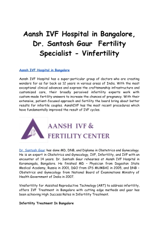 Aansh IVF Hospital in Bangalore,  Dr. Santosh Gaur  Fertility Specialist - Vinfe