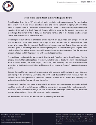 Tour of the South West at Travel England Tours