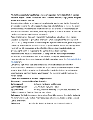 Articulated Robot Market Challenges, Segmentation and Forecasts till 2027