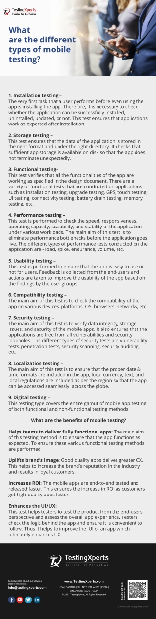What are the different types of mobile testing?
