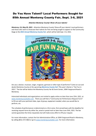 Do You Have Talent Local Performers Sought for 85th Annual Monterey County Fair Sept. 3, 6, 2021