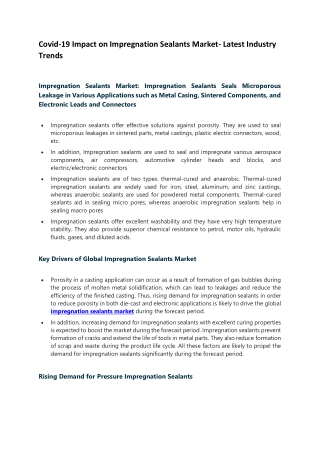 Covid-19 Impact on Impregnation Sealants Market- Latest Industry Trends