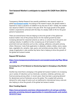 Tert-butanol Market is anticipate to expand 4% CAGR from 2019 to 2027