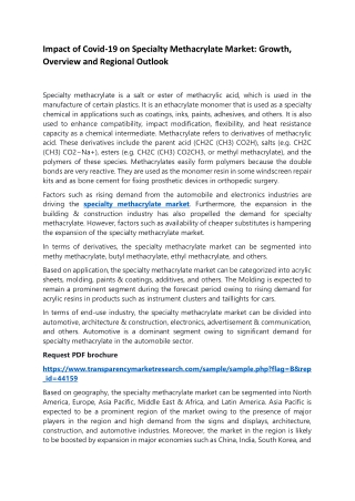 Impact of Covid-19 on Specialty Methacrylate Market: Growth, Overview and Region