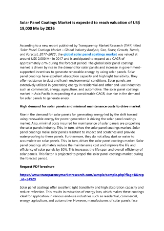 Solar Panel Coatings Market is expected to reach valuation of US$ 19,000 Mn