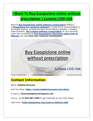 I Want To Buy Eszopiclone online without prescription | Lunesta COD