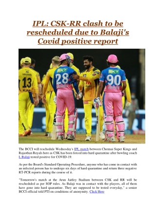 IPL CSK-RR clash to be rescheduled due to Balaji's Covid positive report