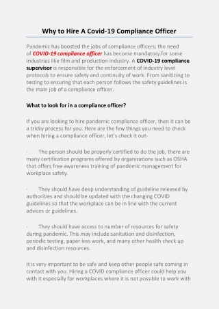 Why to Hire A Covid-19 Compliance Officer