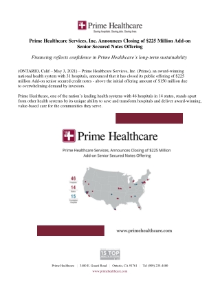 Prime Healthcare, Inc. Announces Closing of $225 Million