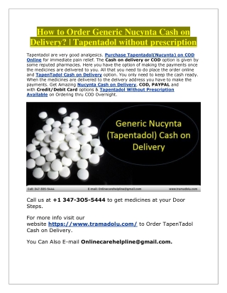 How to Order Generic Nucynta Cash on Delivery? | Tapentadol without prescription