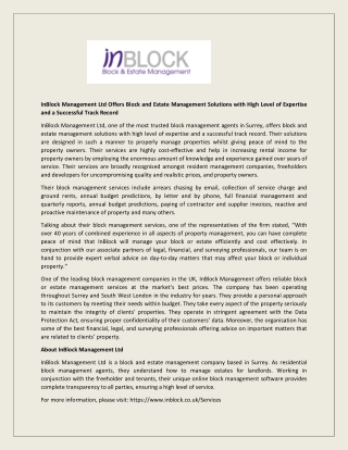 InBlock Management Ltd Offers Block and Estate Management Solutions with High Level of Expertise and a Successful Track