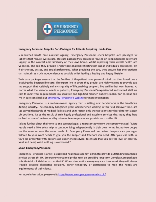 Emergency Personnel Bespoke Care Packages for Patients Requiring Live-In Care