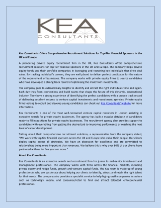 Kea Consultants Offers Comprehensive Recruitment Solutions for Top-Tier Financial Sponsors in the UK and Europe