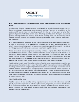Build a Great In-House Team Through Recruitment Process Outsourcing Services from Volt Consulting Group