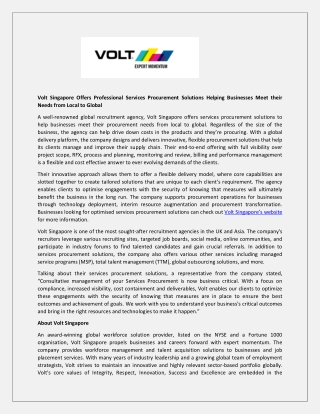 Volt Singapore Offers Professional Services Procurement Solutions Helping Businesses Meet their Needs from Local to Glob