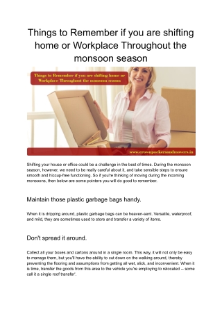 Things to Remember if you are shifting home or Workplace Throughout the monsoon season