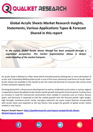 Global Acrylic Sheets Market Research Insights, Statements, Various Applications Types & Forecast Shared in this report