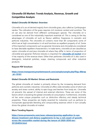 Citronella Oil Market: Trends Analysis, Revenue, Growth and Competitive Analysis