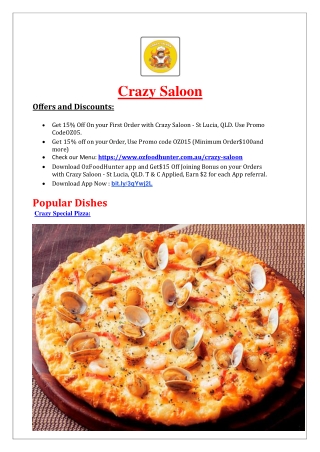 15% Off - Crazy Saloon menu - Pizza Restaurant in St Lucia, QLD