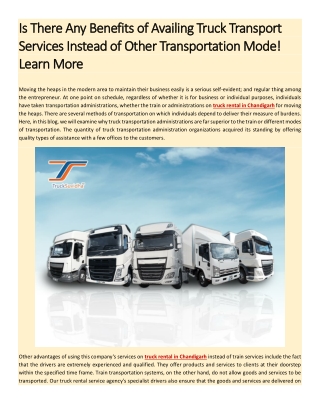 Is There Any Benefits of Availing Truck Transport Services Instead of Other Transportation Mode! Learn More