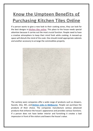 Know the Umpteen Benefits of Purchasing Kitchen Tiles Online