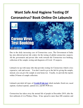 Want Safe And Hygiene Testing Of Coronavirus Book Online On Labuncle